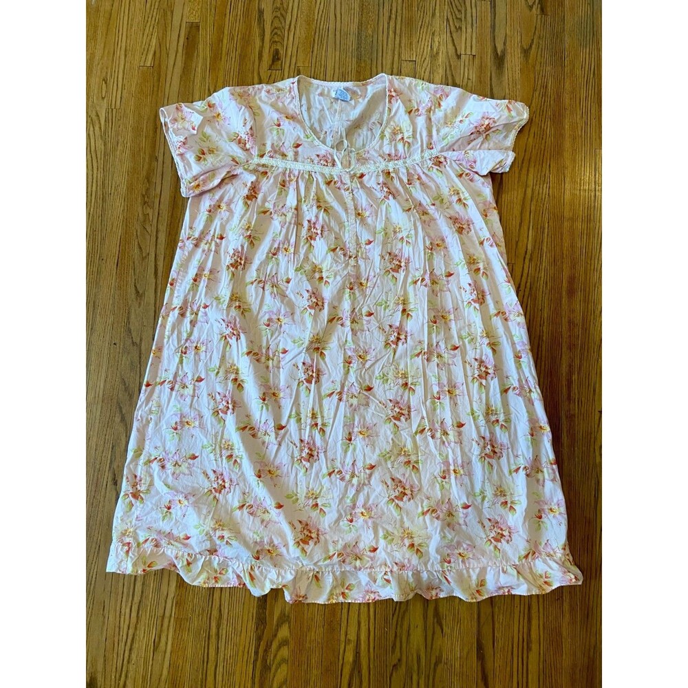 VTG Dreams & Co Short Sleeve Floral Pink Nightgown 4X Cotton Boho Grandma Lace